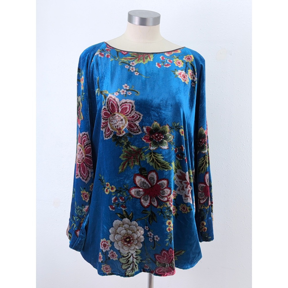 Johnny Was Blue Floral Silk Blend Velvet Tunic Top Boho L